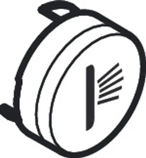 Weißer Druckknopf mit symbolischer Darstellung einer Seitenbrause. Zum Einsatz in Badezimmern, hergestellt von Hansgrohe.